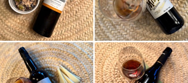 Kollage med fyra sherryflaskor: La Guita Manzanilla, Mil Pesetas Oloroso, Barbadillo Oloroso en Rama Criadera Selection och Lustau East India Solera